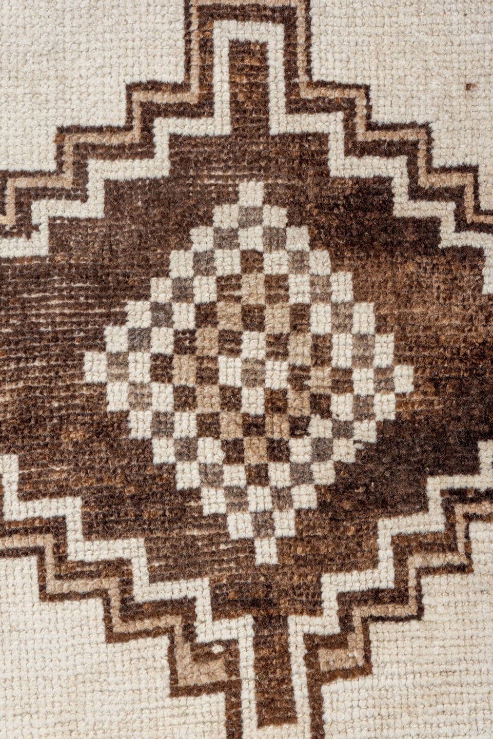 3' x 10' one-of-a-kind handmade vintage Kars runner rug. Color palette: ivory, brown, taupe, camel, beige, gray