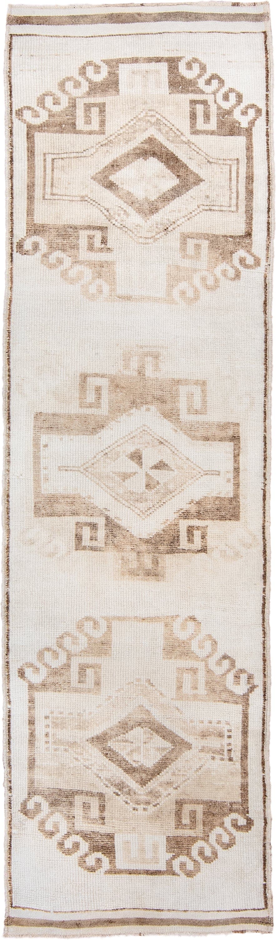 3' x 10' one-of-a-kind handmade vintage Kars runner rug. Color palette: ivory, taupe, beige, camel, cream, gray