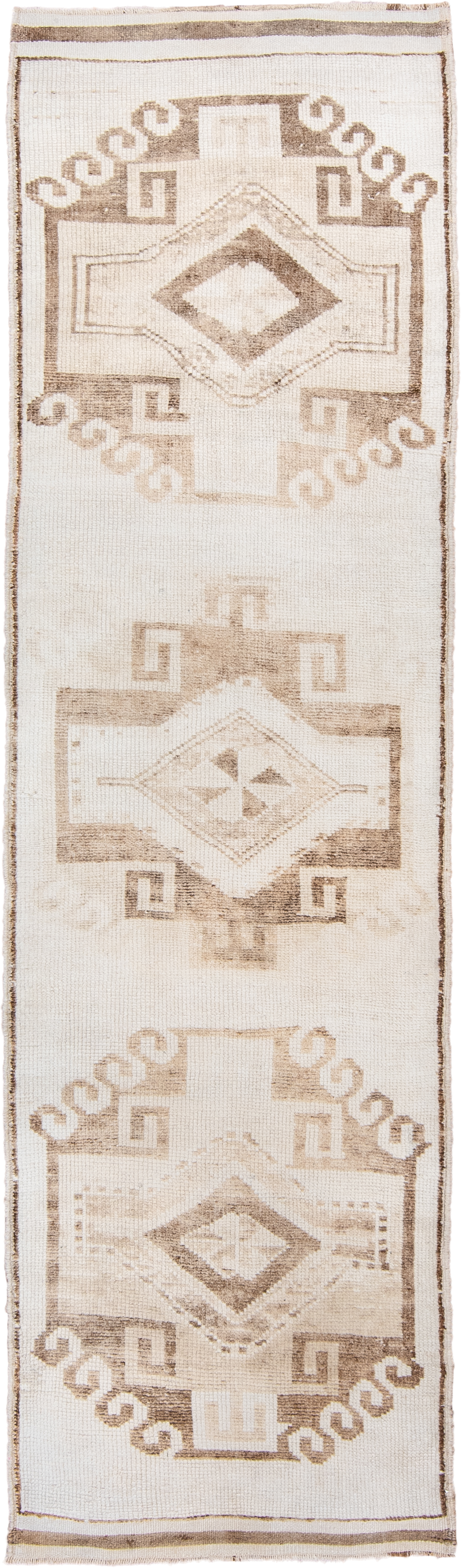 3' x 10' one-of-a-kind handmade vintage Kars runner rug. Color palette: ivory, taupe, beige, camel, cream, gray