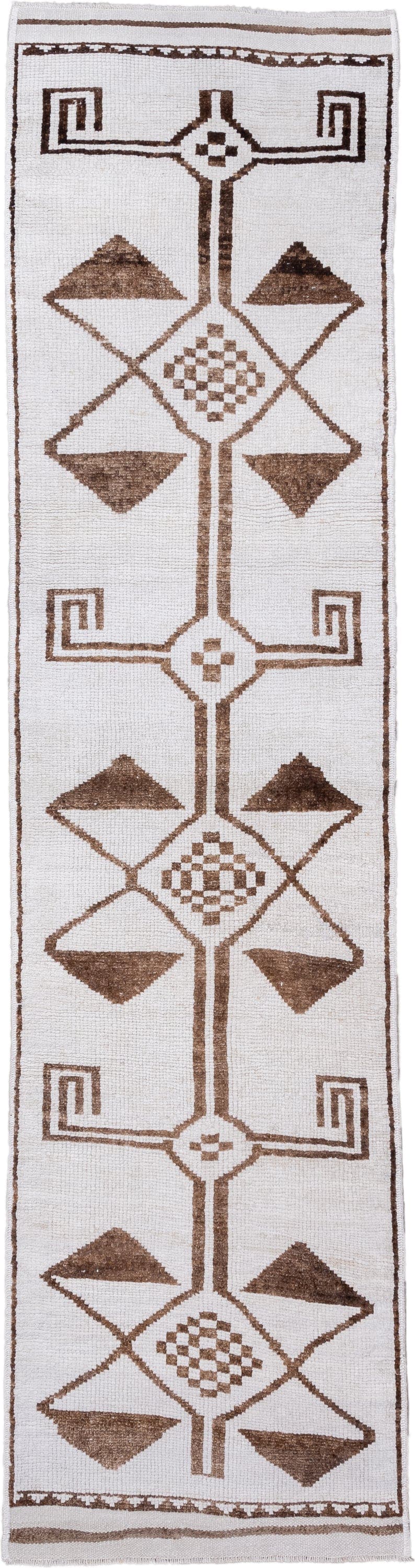 3' x 11' one-of-a-kind handmade vintage Kars runner rug. Color palette: ivory, taupe, camel, brown, beige, gray