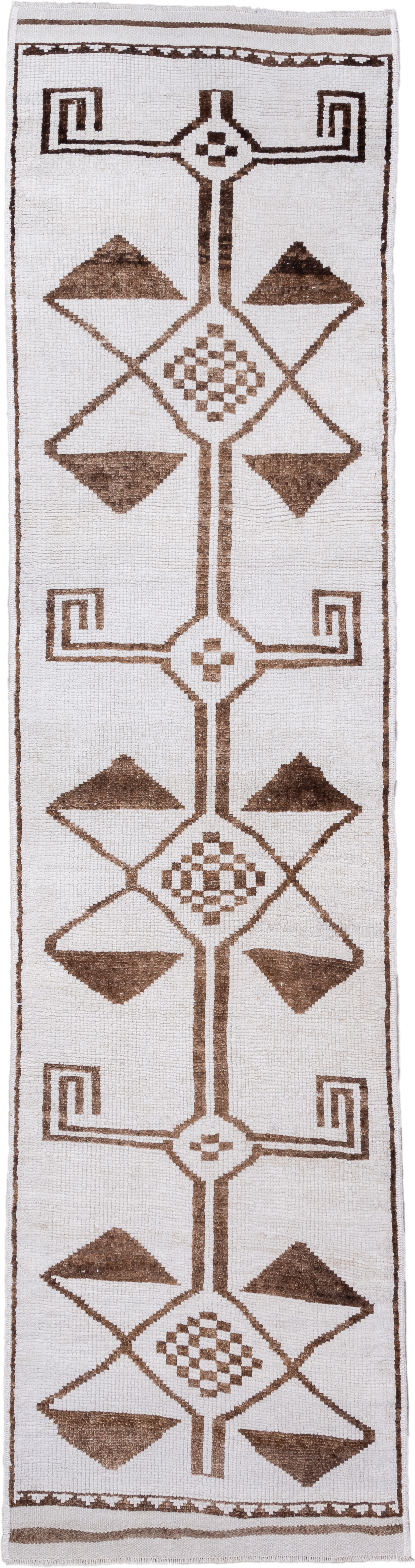 3' x 11' one-of-a-kind handmade vintage Kars runner rug. Color palette: ivory, taupe, camel, brown, beige, gray