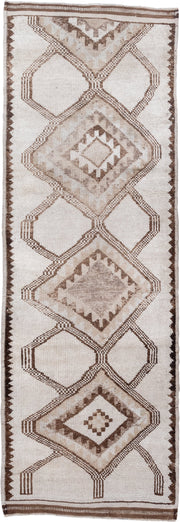 3' x 10' one-of-a-kind handmade vintage Kars runner rug. Color palette: ivory, taupe, brown, camel, beige, gray
