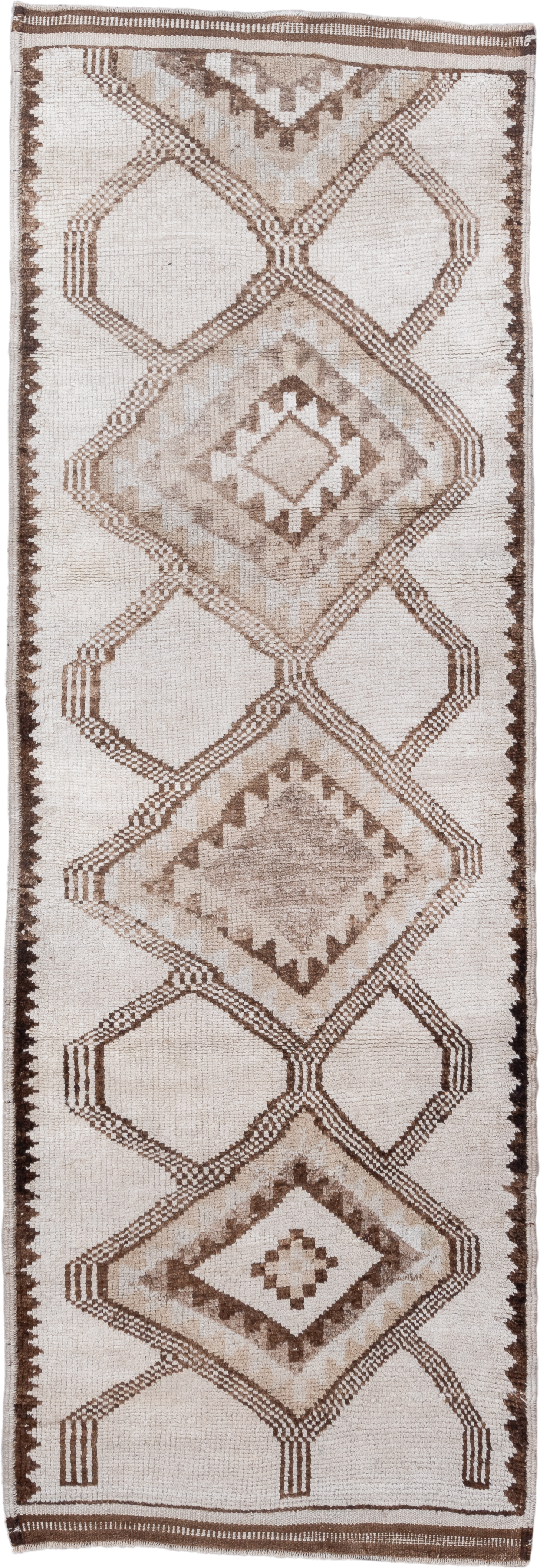 3' x 10' one-of-a-kind handmade vintage Kars runner rug. Color palette: ivory, taupe, brown, camel, beige, gray