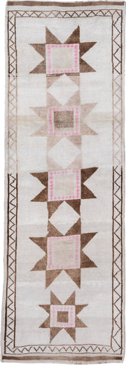 3' x 11' one-of-a-kind handmade vintage Kars runner rug. Color palette: ivory, taupe, brown, blush, beige, gray, pink