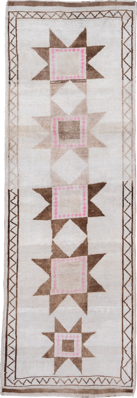 3' x 11' one-of-a-kind handmade vintage Kars runner rug. Color palette: ivory, taupe, brown, blush, beige, gray, pink