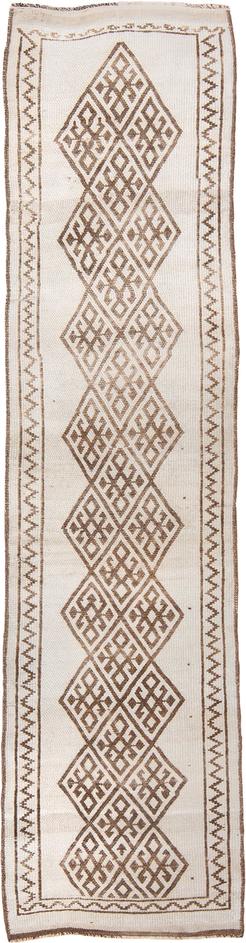 2' x 10' one-of-a-kind handmade vintage Kars runner rug. Color palette: ivory, taupe, brown, beige, gray