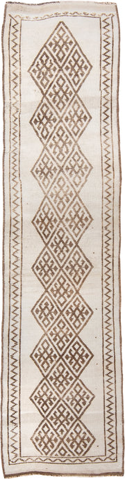 2' x 10' one-of-a-kind handmade vintage Kars runner rug. Color palette: ivory, taupe, brown, beige, gray