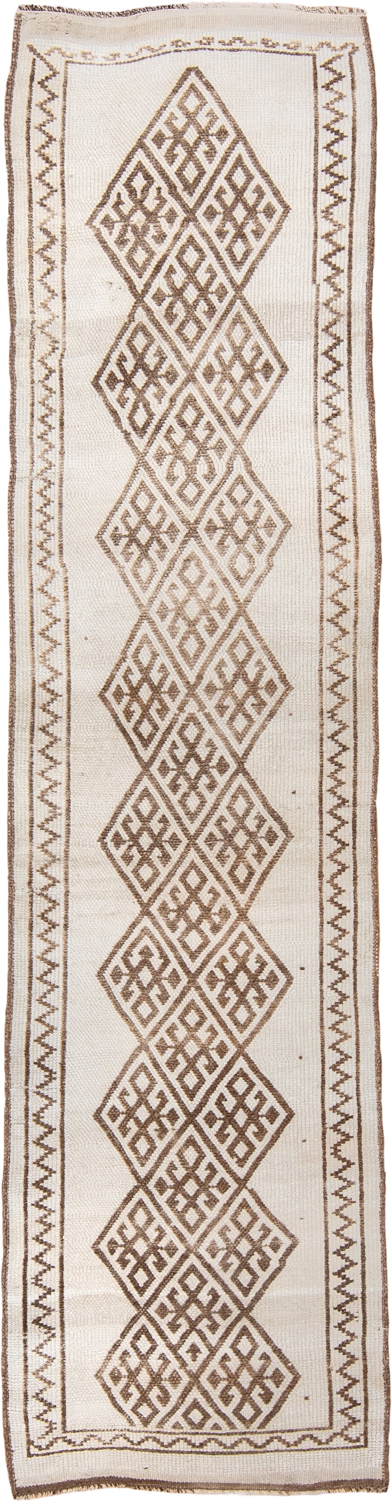 2' x 10' one-of-a-kind handmade vintage Kars runner rug. Color palette: ivory, taupe, brown, beige, gray