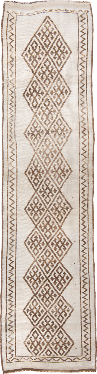 2' x 10' one-of-a-kind handmade vintage Kars runner rug. Color palette: ivory, taupe, brown, beige, gray