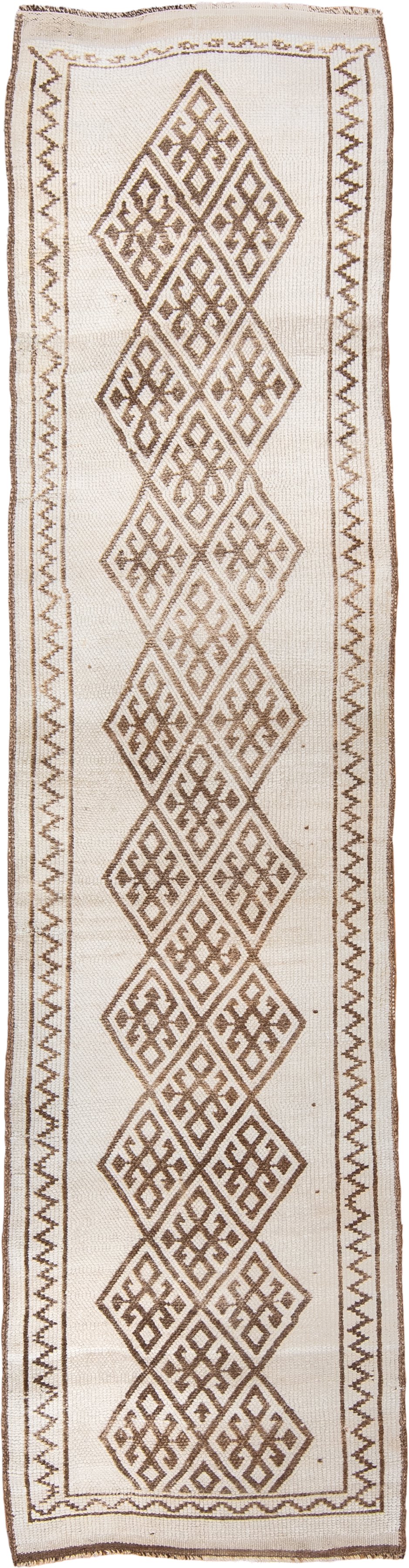 2' x 10' one-of-a-kind handmade vintage Kars runner rug. Color palette: ivory, taupe, brown, beige, gray