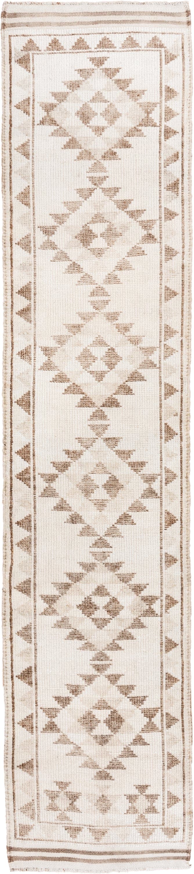 2' x 12' one-of-a-kind handmade vintage Kars runner rug. Color palette: ivory, taupe, beige, camel, gray