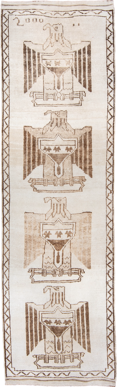 3' x 12' one-of-a-kind handmade vintage Kars runner rug. Color palette: ivory, taupe, brown, camel, beige, gray