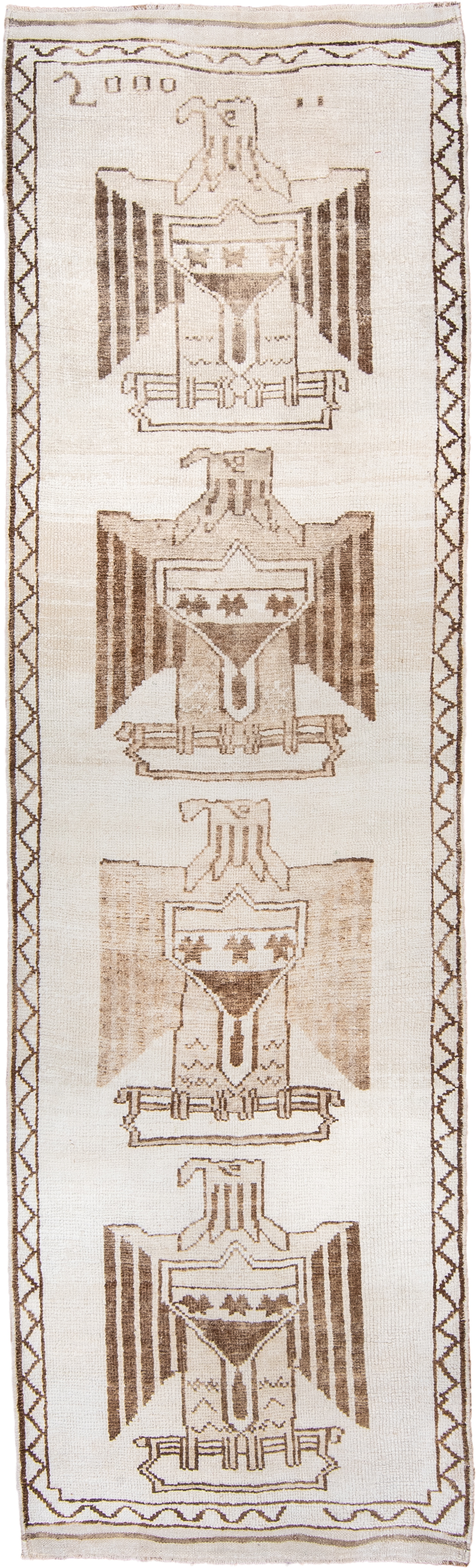 3' x 12' one-of-a-kind handmade vintage Kars runner rug. Color palette: ivory, taupe, brown, camel, beige, gray