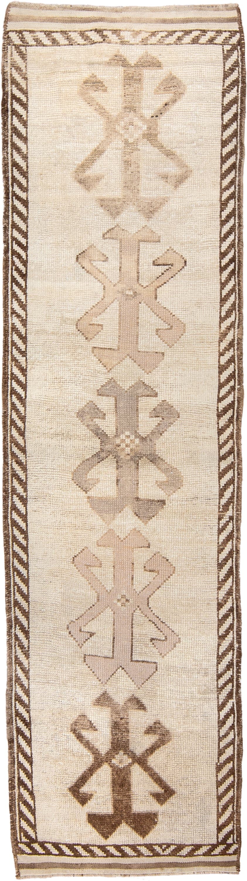 3' x 11' one-of-a-kind handmade vintage Kars runner rug. Color palette: ivory, taupe, brown, camel, beige, gray