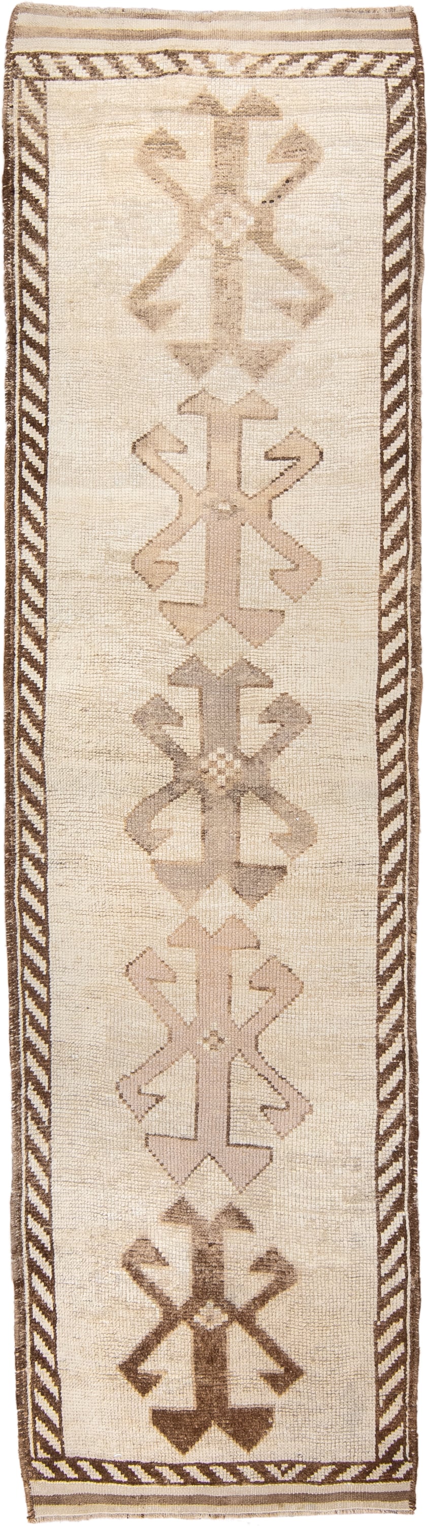 3' x 11' one-of-a-kind handmade vintage Kars runner rug. Color palette: ivory, taupe, brown, camel, beige, gray