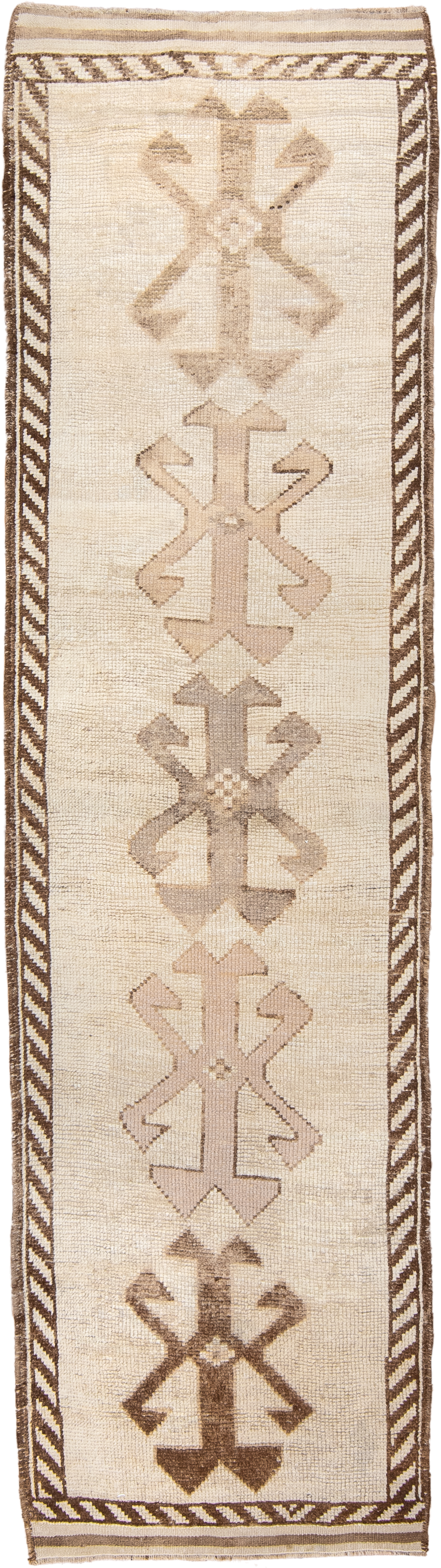 3' x 11' one-of-a-kind handmade vintage Kars runner rug. Color palette: ivory, taupe, brown, camel, beige, gray