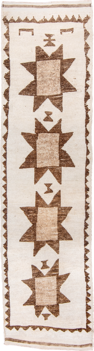 3' x 11' one-of-a-kind handmade vintage Kars runner rug. Color palette: ivory, taupe, brown, camel, beige, gray