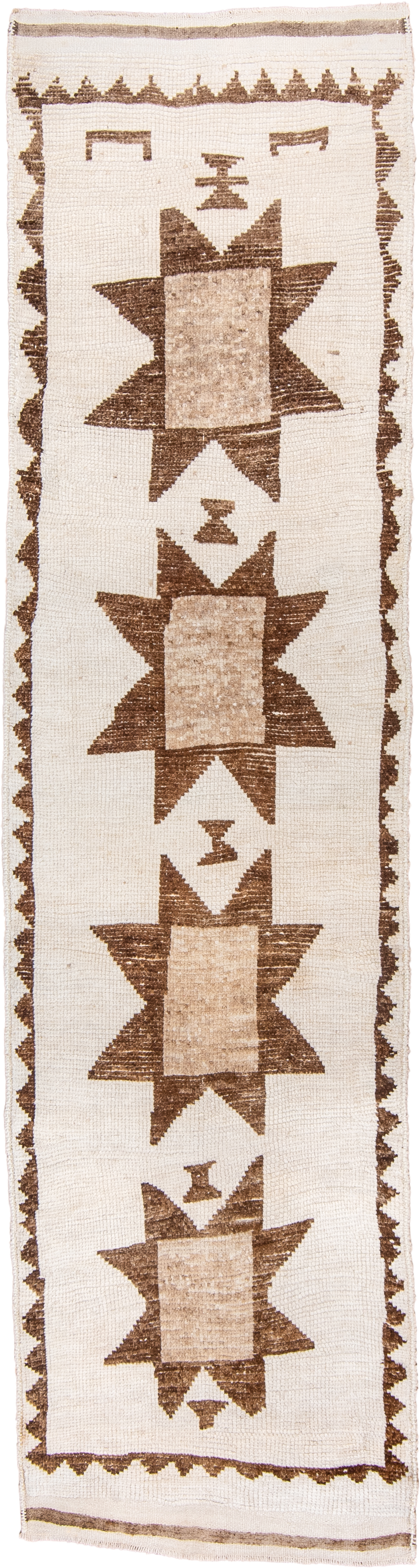 3' x 11' one-of-a-kind handmade vintage Kars runner rug. Color palette: ivory, taupe, brown, camel, beige, gray