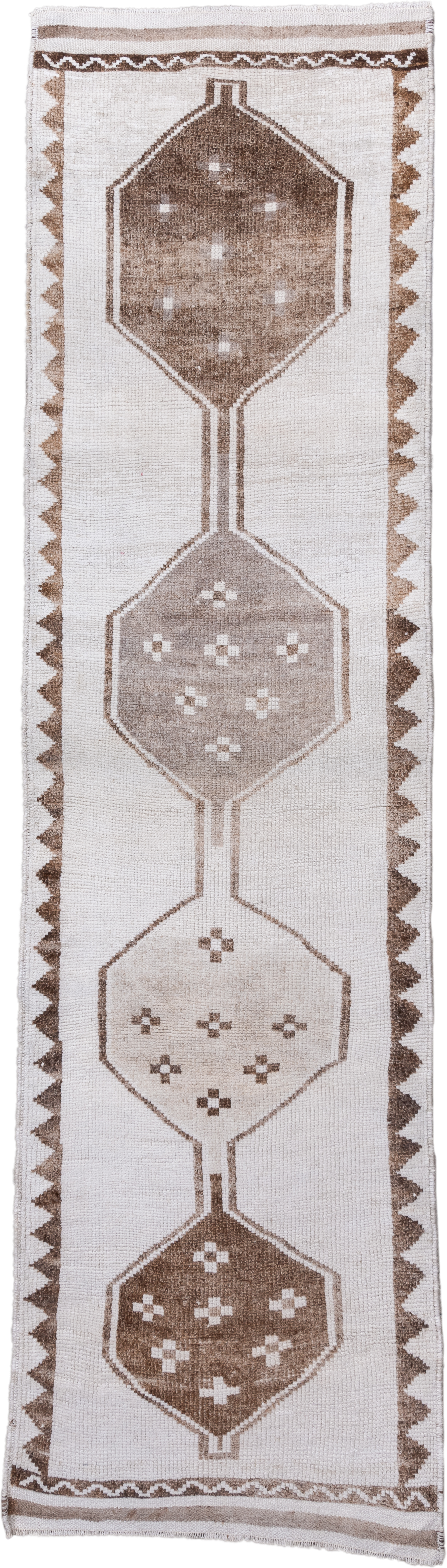 3' x 11' one-of-a-kind handmade vintage Kars runner rug. Color palette: ivory, taupe, camel, beige, brown, gray