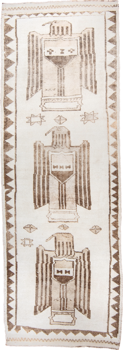 3' x 10' one-of-a-kind handmade vintage Kars runner rug. Color palette: ivory, taupe, brown, camel, beige, gray