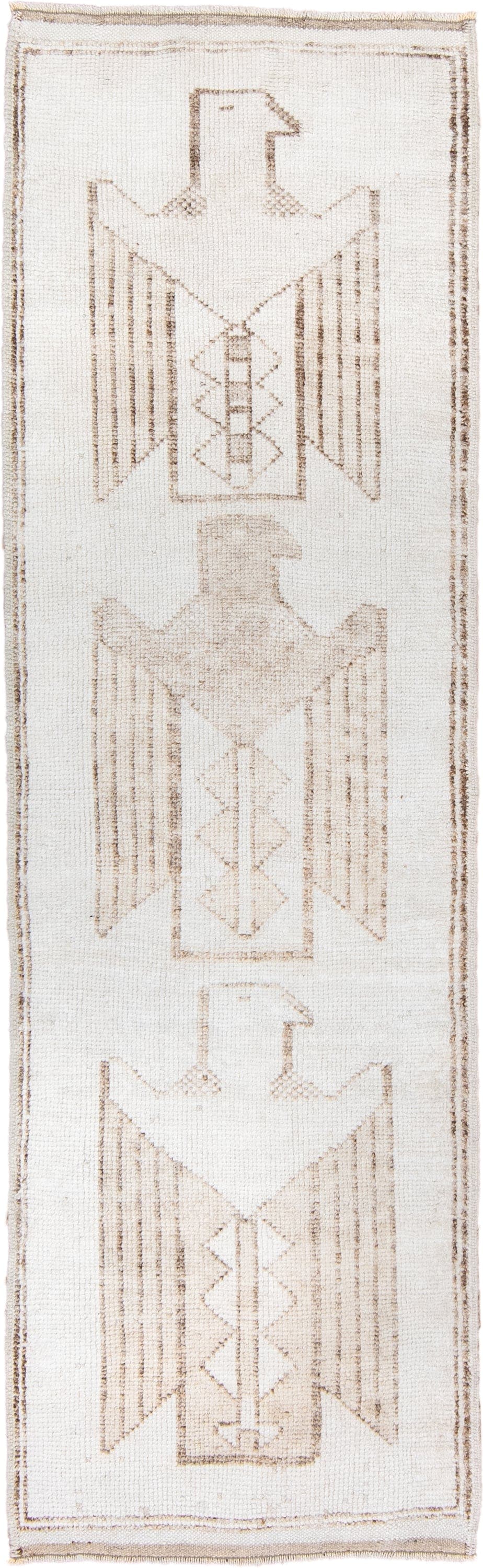 3' x 10' one-of-a-kind handmade vintage Kars runner rug. Color palette: ivory, taupe, beige, camel, gray