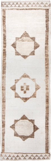 3' x 10' one-of-a-kind handmade vintage Kars runner rug. Color palette: ivory, taupe, beige, gray