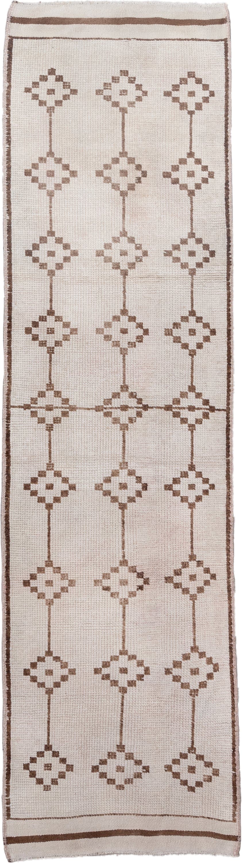 3' x 11' one-of-a-kind handmade vintage Kars runner rug. Color palette: ivory, taupe, brown, camel, beige, gray