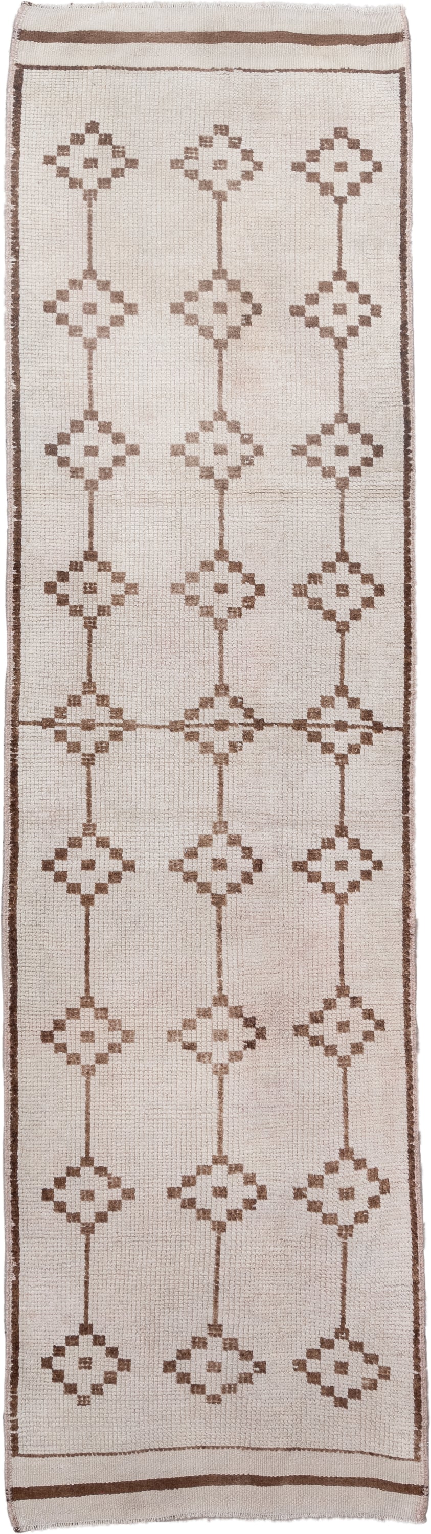 3' x 11' one-of-a-kind handmade vintage Kars runner rug. Color palette: ivory, taupe, brown, camel, beige, gray