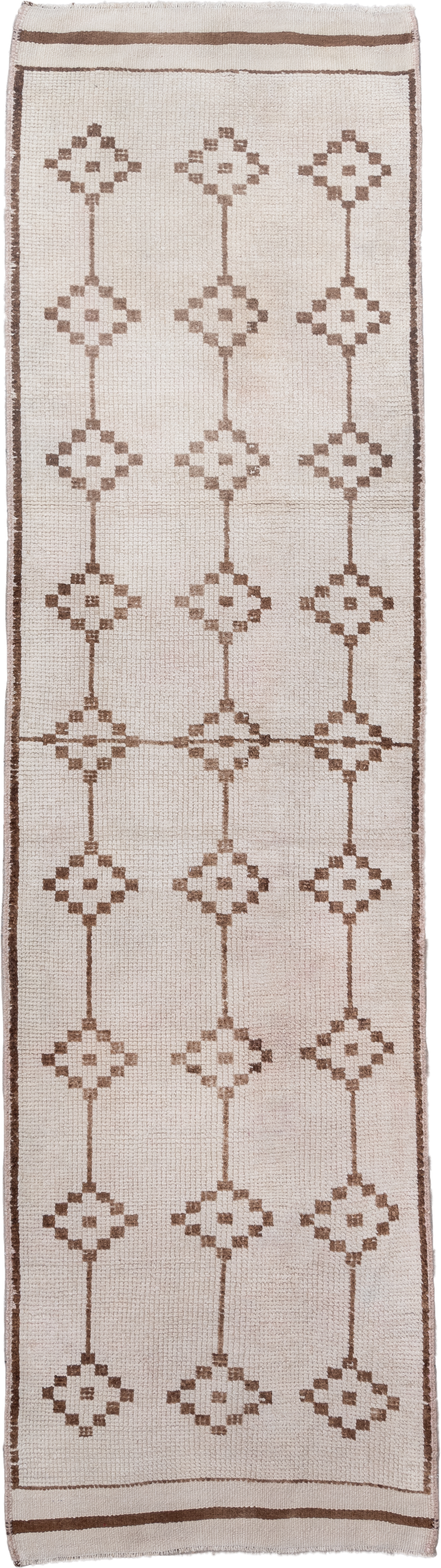 3' x 11' one-of-a-kind handmade vintage Kars runner rug. Color palette: ivory, taupe, brown, camel, beige, gray