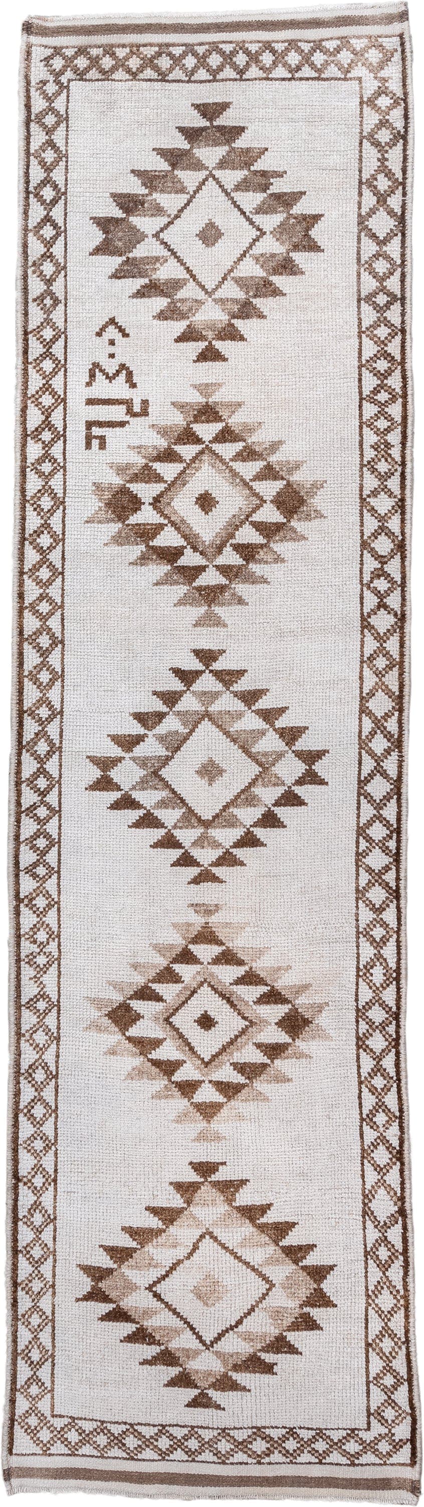 3' x 12' one-of-a-kind handmade vintage Kars runner rug. Color palette: ivory, taupe, brown, beige, gray