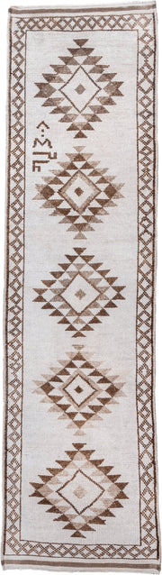 3' x 12' one-of-a-kind handmade vintage Kars runner rug. Color palette: ivory, taupe, brown, beige, gray