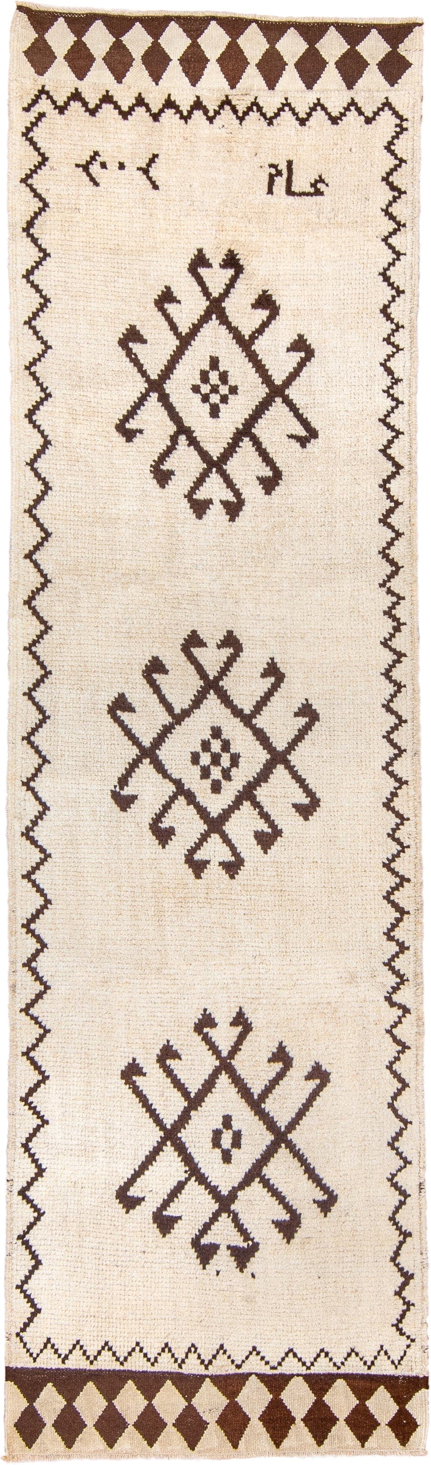 3' x 10' one-of-a-kind handmade vintage Kars runner rug. Color palette: ivory, brown, camel, beige