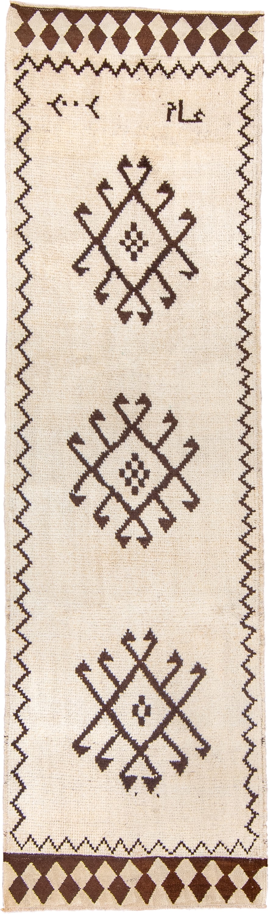 3' x 10' one-of-a-kind handmade vintage Kars runner rug. Color palette: ivory, brown, camel, beige