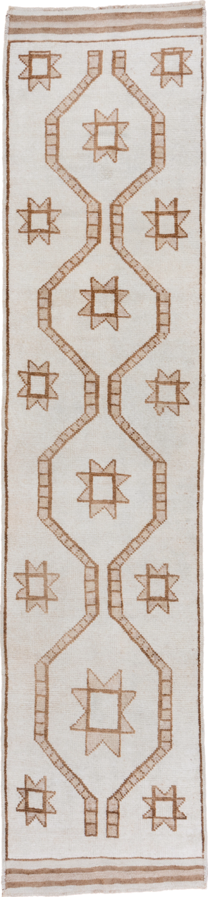 3' x 14' one-of-a-kind handmade antique Kars runner rug. Color palette: ivory, camel, taupe, beige, gray