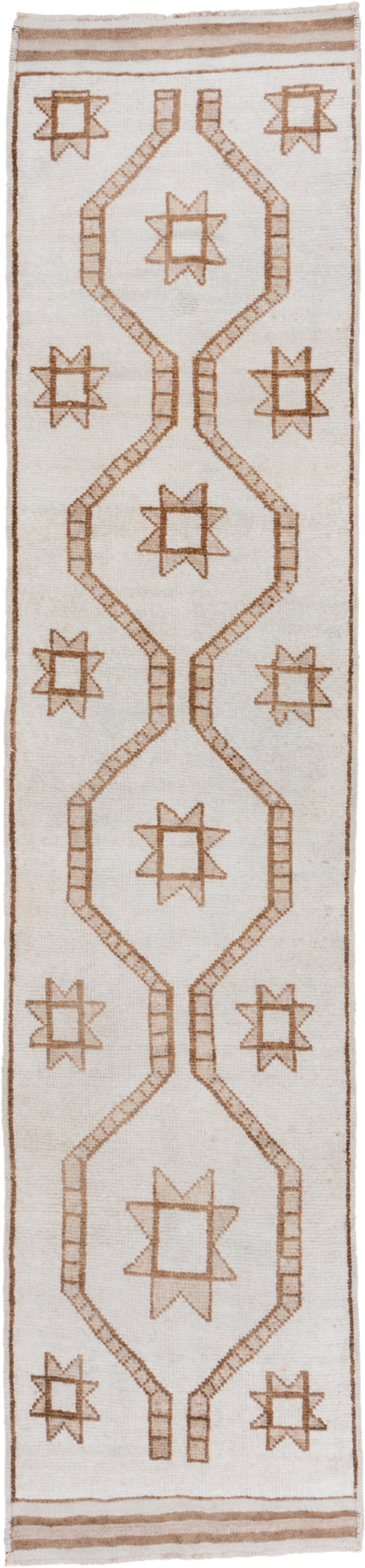 3' x 14' one-of-a-kind handmade antique Kars runner rug. Color palette: ivory, camel, taupe, beige, gray