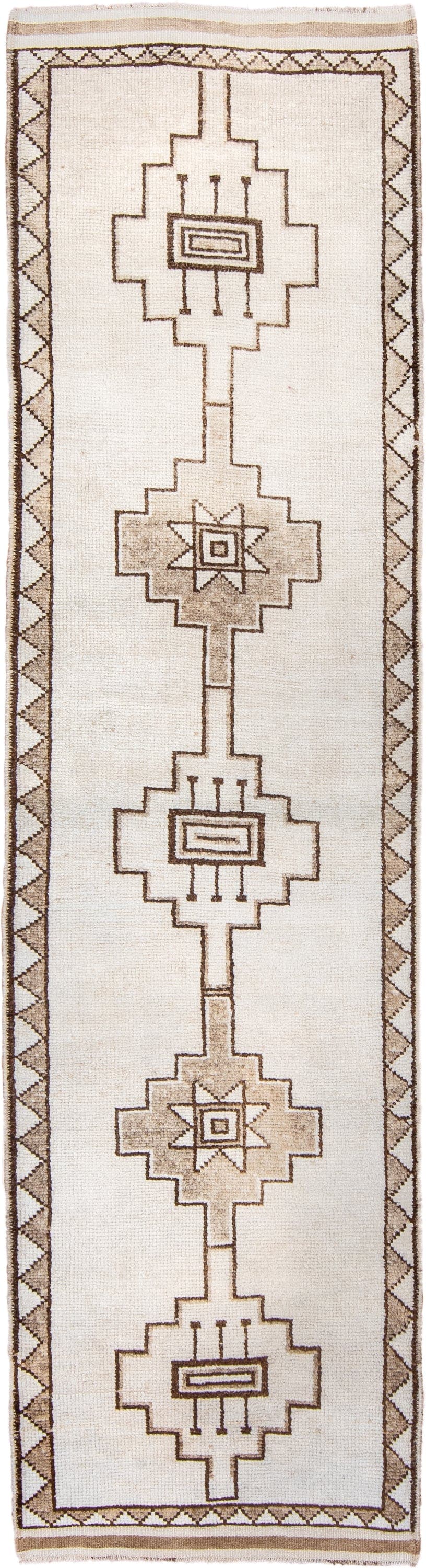 3' x 12' one-of-a-kind handmade vintage Kars runner rug. Color palette: ivory, taupe, brown, beige, gray