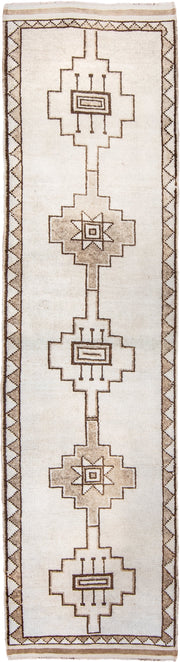 3' x 12' one-of-a-kind handmade vintage Kars runner rug. Color palette: ivory, taupe, brown, beige, gray