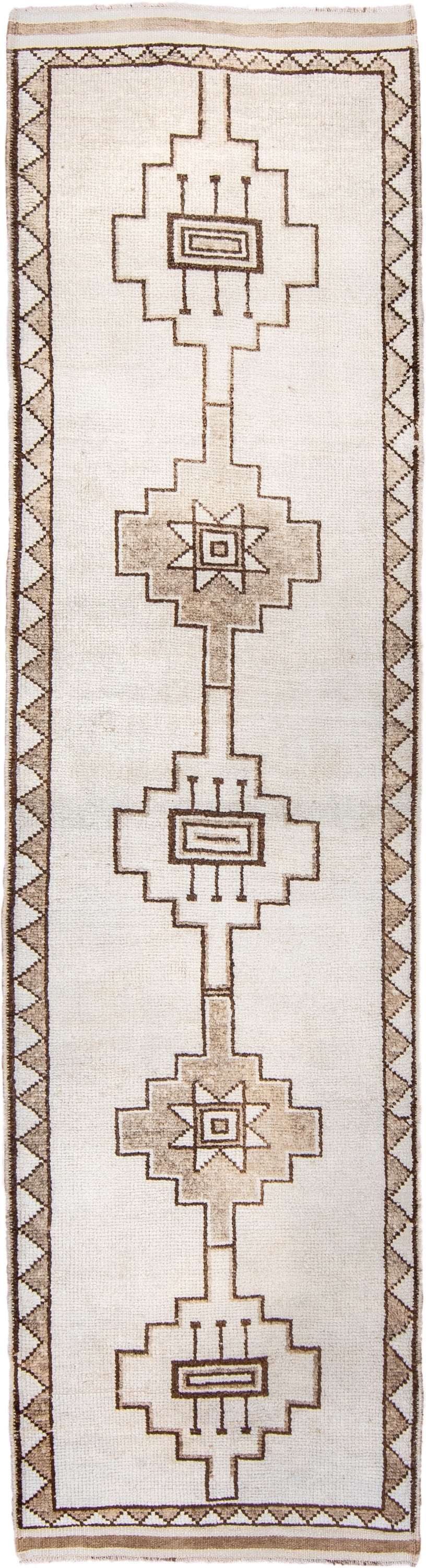 3' x 12' one-of-a-kind handmade vintage Kars runner rug. Color palette: ivory, taupe, brown, beige, gray