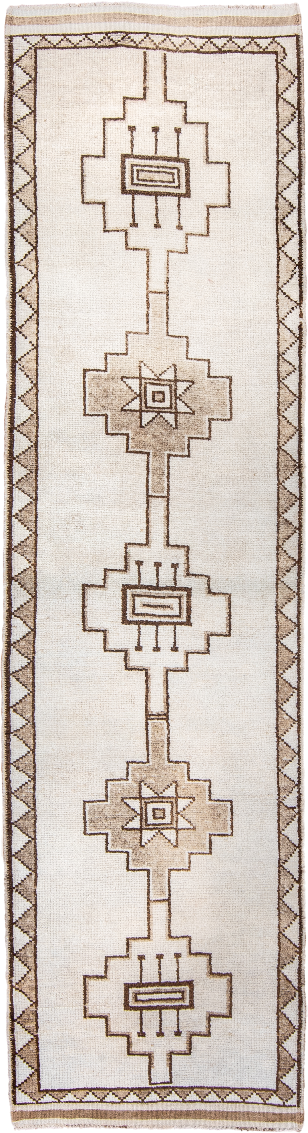 3' x 12' one-of-a-kind handmade vintage Kars runner rug. Color palette: ivory, taupe, brown, beige, gray