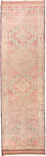 3' x 10' one-of-a-kind handmade antique Kars runner rug. Color palette: blush, ivory, taupe, rose, camel, brown, pink, beige