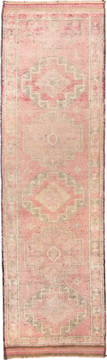 3' x 10' one-of-a-kind handmade antique Kars runner rug. Color palette: blush, ivory, taupe, rose, camel, brown, pink, beige