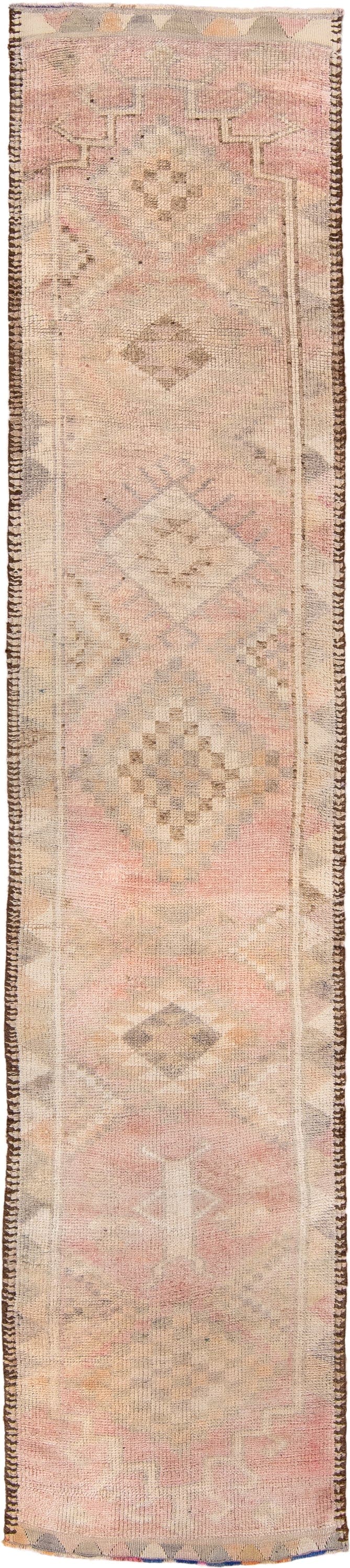 2' x 12' one-of-a-kind handmade vintage Kars runner rug. Color palette: blush, ivory, taupe, sand, pale rose, greige, camel