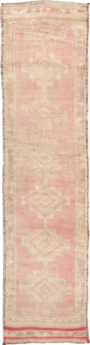 2' x 10' one-of-a-kind handmade antique Kars runner rug. Color palette: blush, ivory, cream, taupe, rose, camel, pink, beige