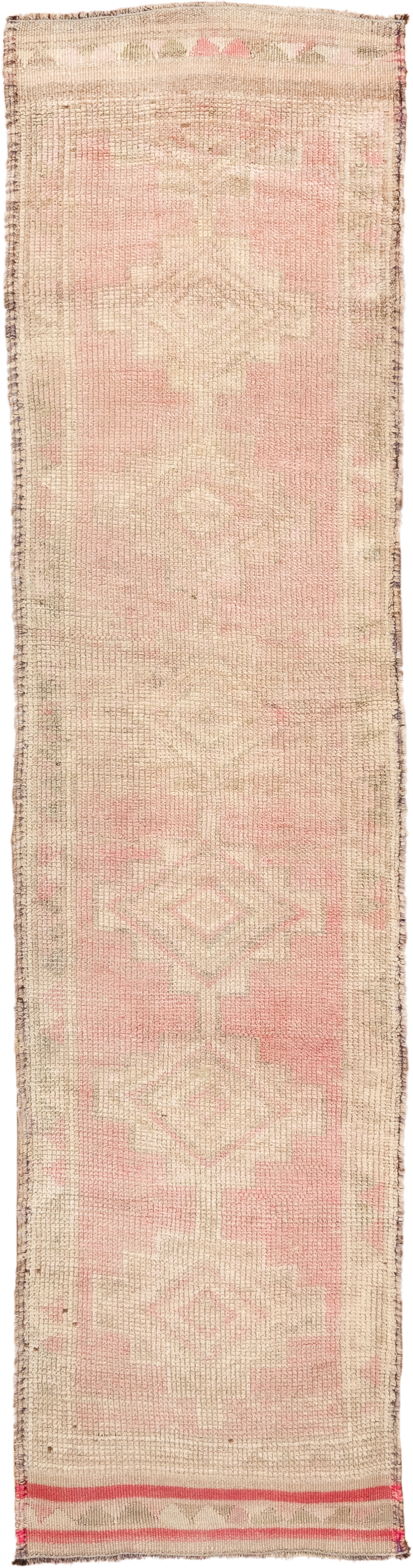 2' x 10' one-of-a-kind handmade antique Kars runner rug. Color palette: blush, ivory, cream, taupe, rose, camel, pink, beige