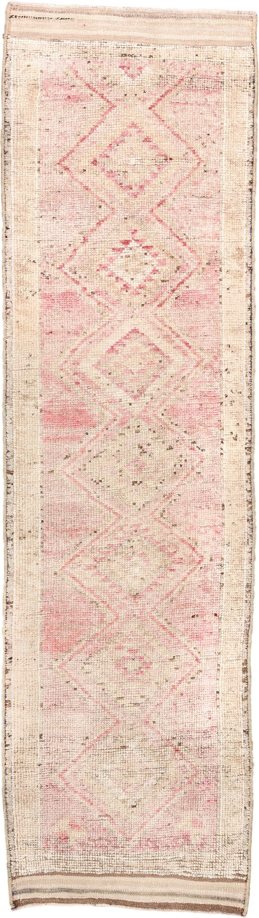 3' x 10' one-of-a-kind handmade antique Kars runner rug. Color palette: ivory, blush, cream, taupe, rose, brown, pink, beige