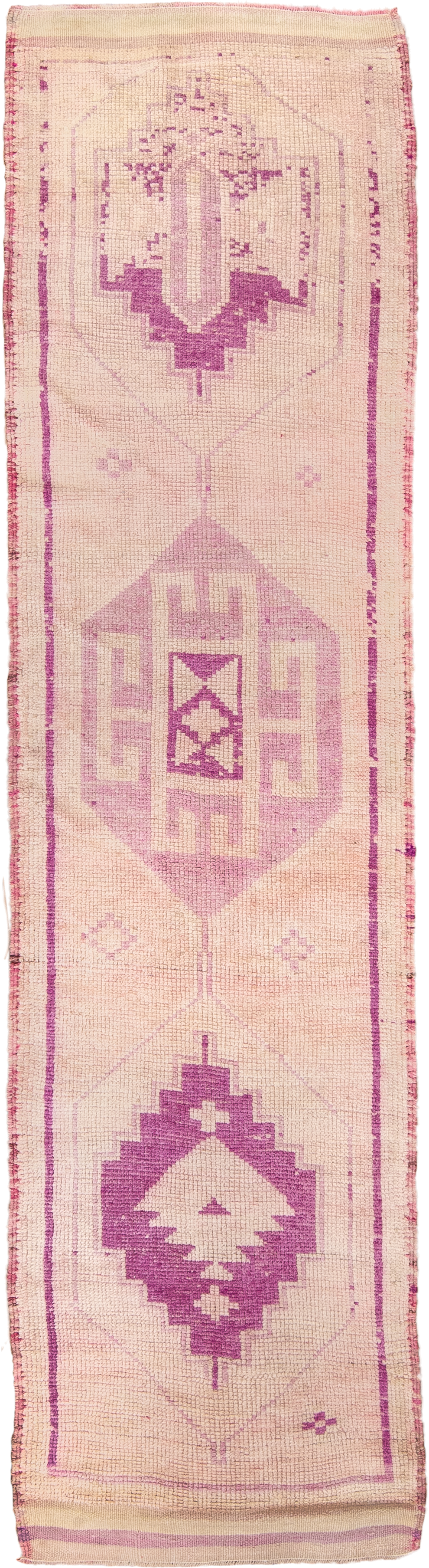2' x 11' one-of-a-kind handmade antique Kars runner rug. Color palette: blush, ivory, lavender, rose, taupe, pink
