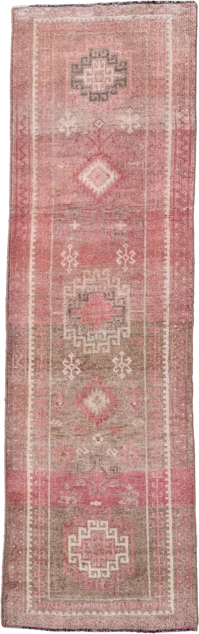 3' x 9' one-of-a-kind handmade vintage Kars runner rug. Color palette: rose, taupe, ivory, dusty pink, soft brown, charcoal