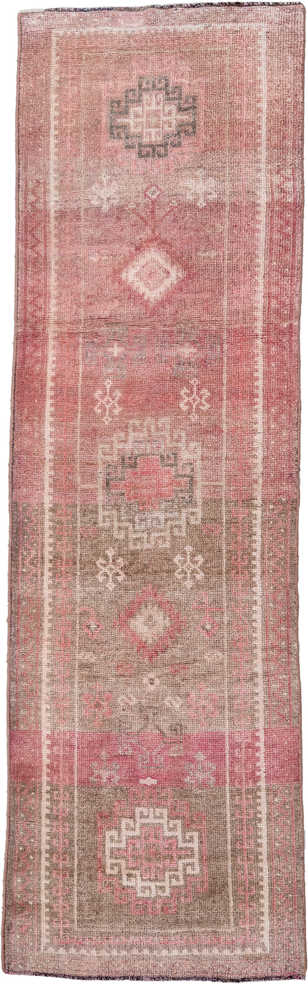 3' x 9' one-of-a-kind handmade vintage Kars runner rug. Color palette: rose, taupe, ivory, dusty pink, soft brown, charcoal