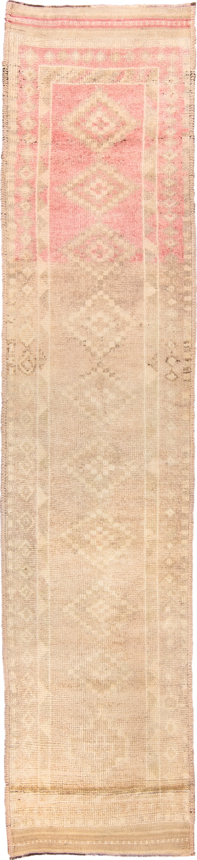 2' x 12' one-of-a-kind handmade antique Kars runner rug. Color palette: beige, blush, ivory, taupe, sand, pink, gray