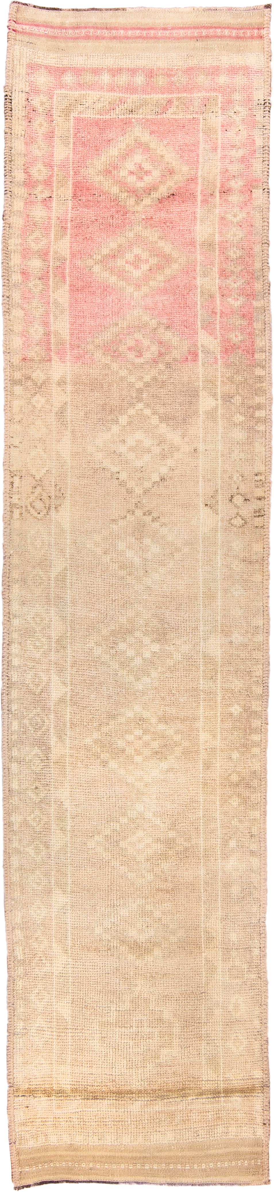 2' x 12' one-of-a-kind handmade antique Kars runner rug. Color palette: beige, blush, ivory, taupe, sand, pink, gray